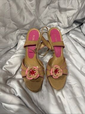 BCBG Tan Sandal Heels with Pink Floral Crochet Detail